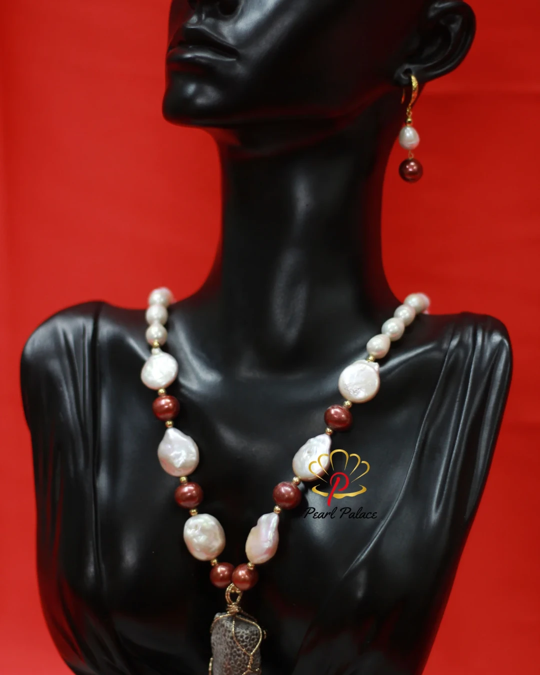 Rice pearl ,coin pearl, with coral seed stone pendant