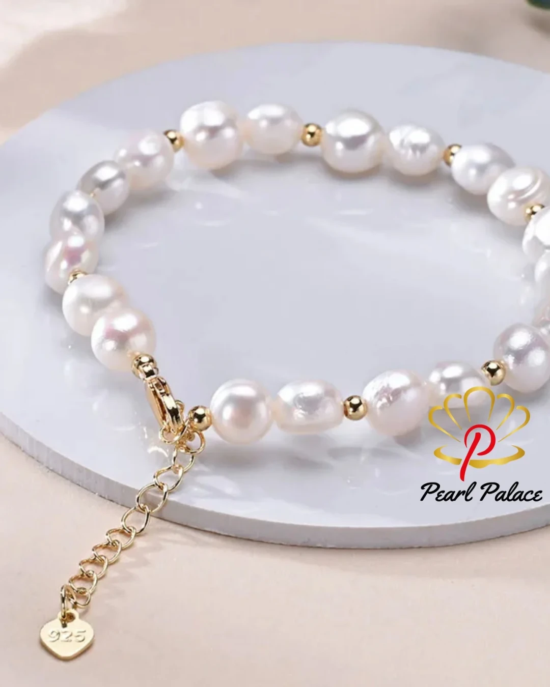 Freshwater 8-9mm White Pearl Baroque With Gold Bead Bracelet 925 Sterling Silver Jewelry