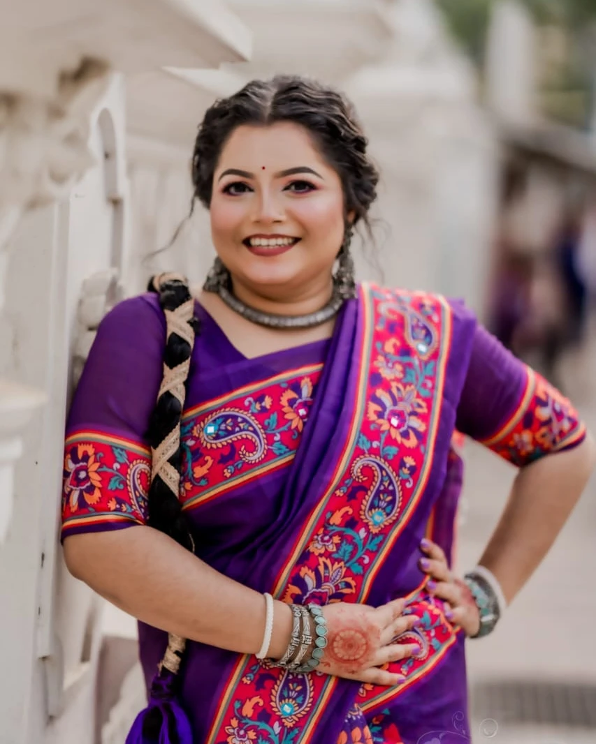 Royal Purple Tanduri Silk Skin-Print Saree