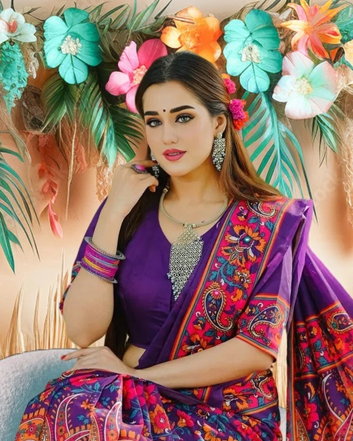 Royal Purple Tanduri Silk Skin-Print Saree