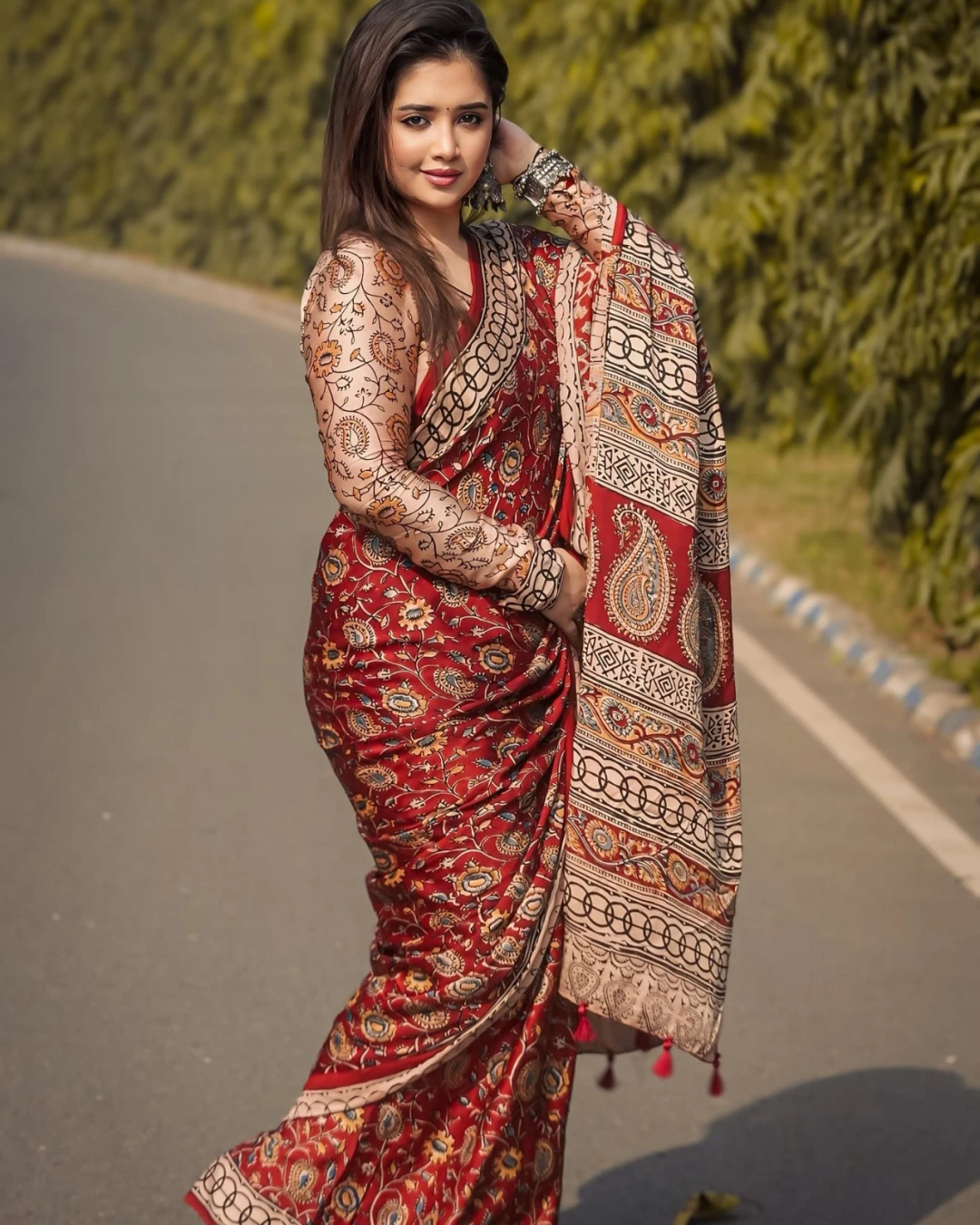 Deep Maroon Tanduri Silk Skin-Print Saree