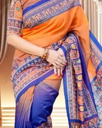 Sunset Orange & Cobalt Blue Tanduri Silk Skin-Print Saree