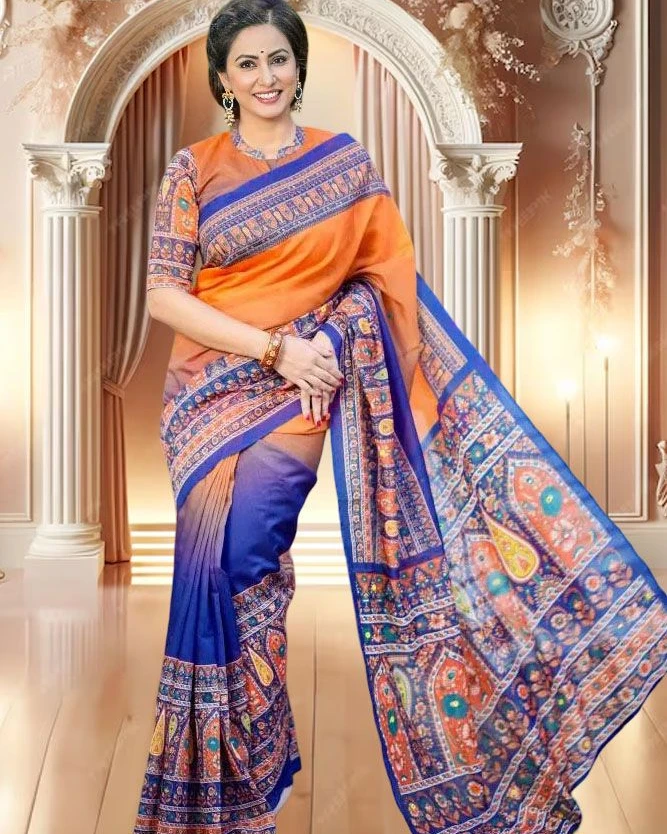Sunset Orange & Cobalt Blue Tanduri Silk Skin-Print Saree