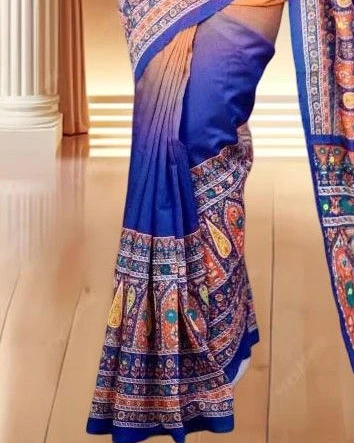 Sunset Orange & Cobalt Blue Tanduri Silk Skin-Print Saree
