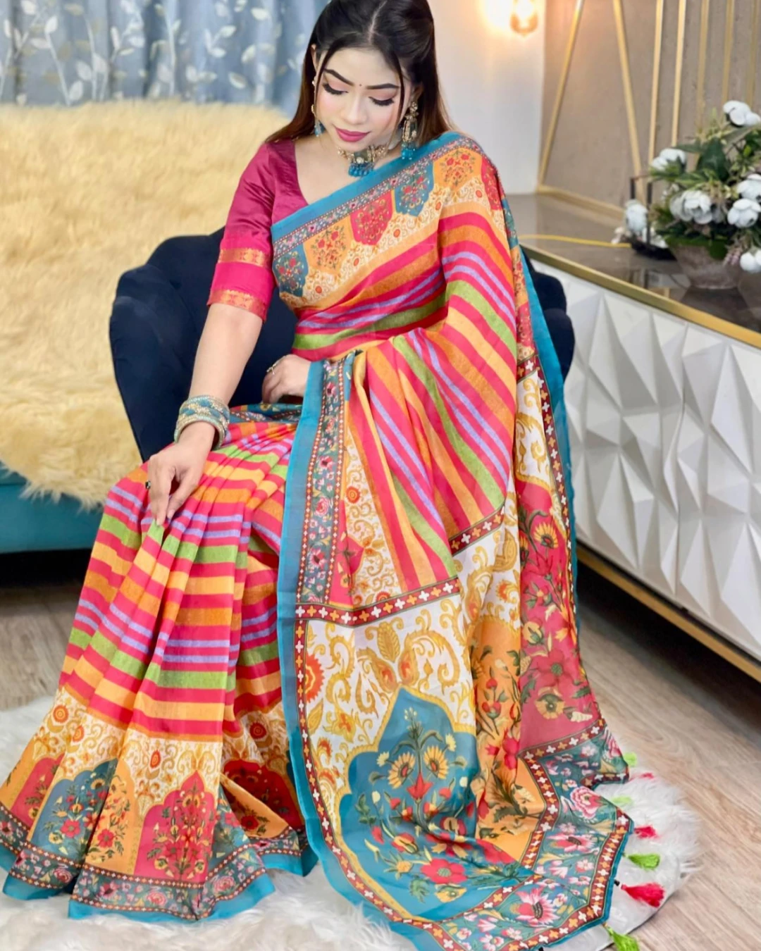 Multicolor Striped Floral Tanduri Silk Saree