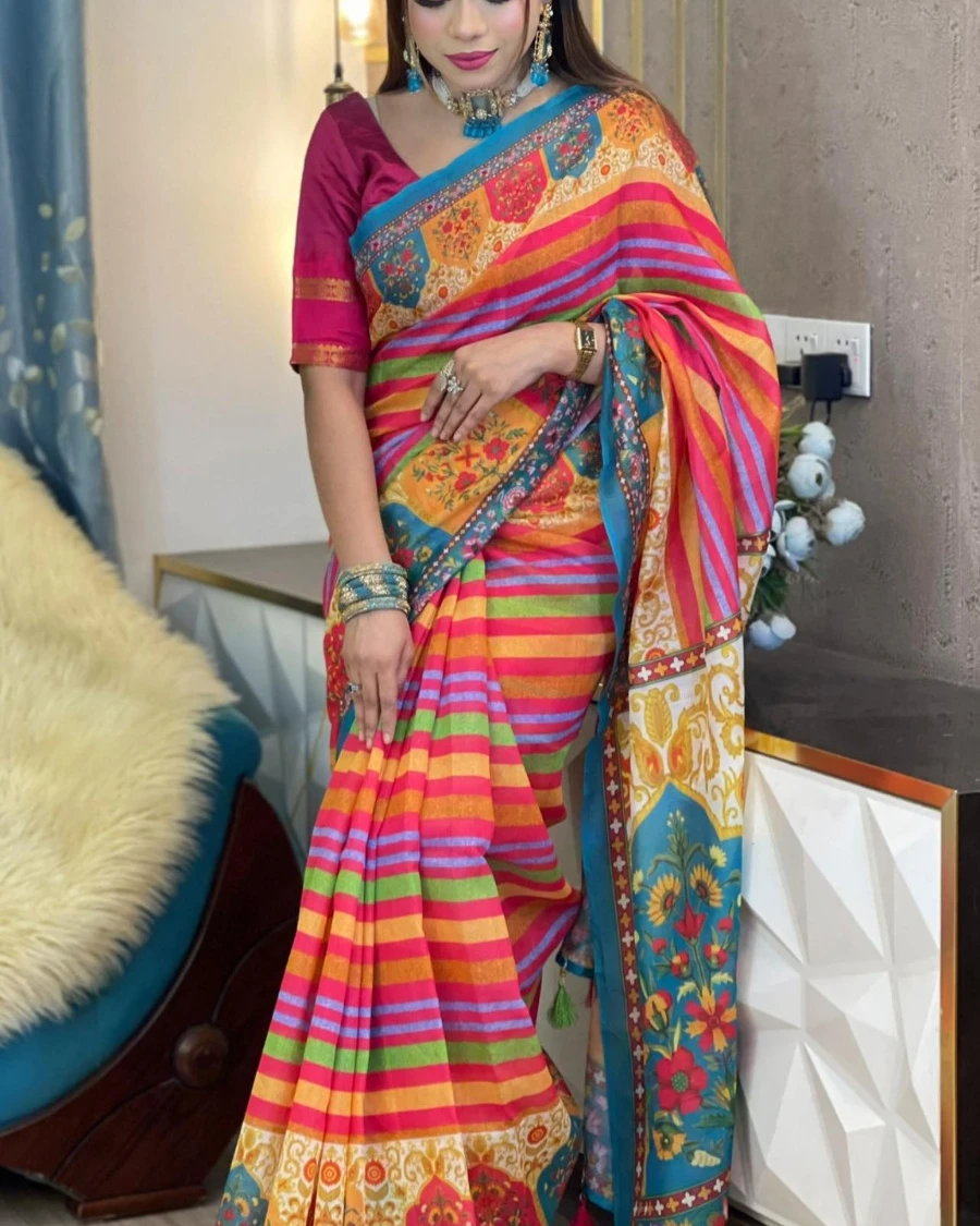 Multicolor Striped Floral Tanduri Silk Saree