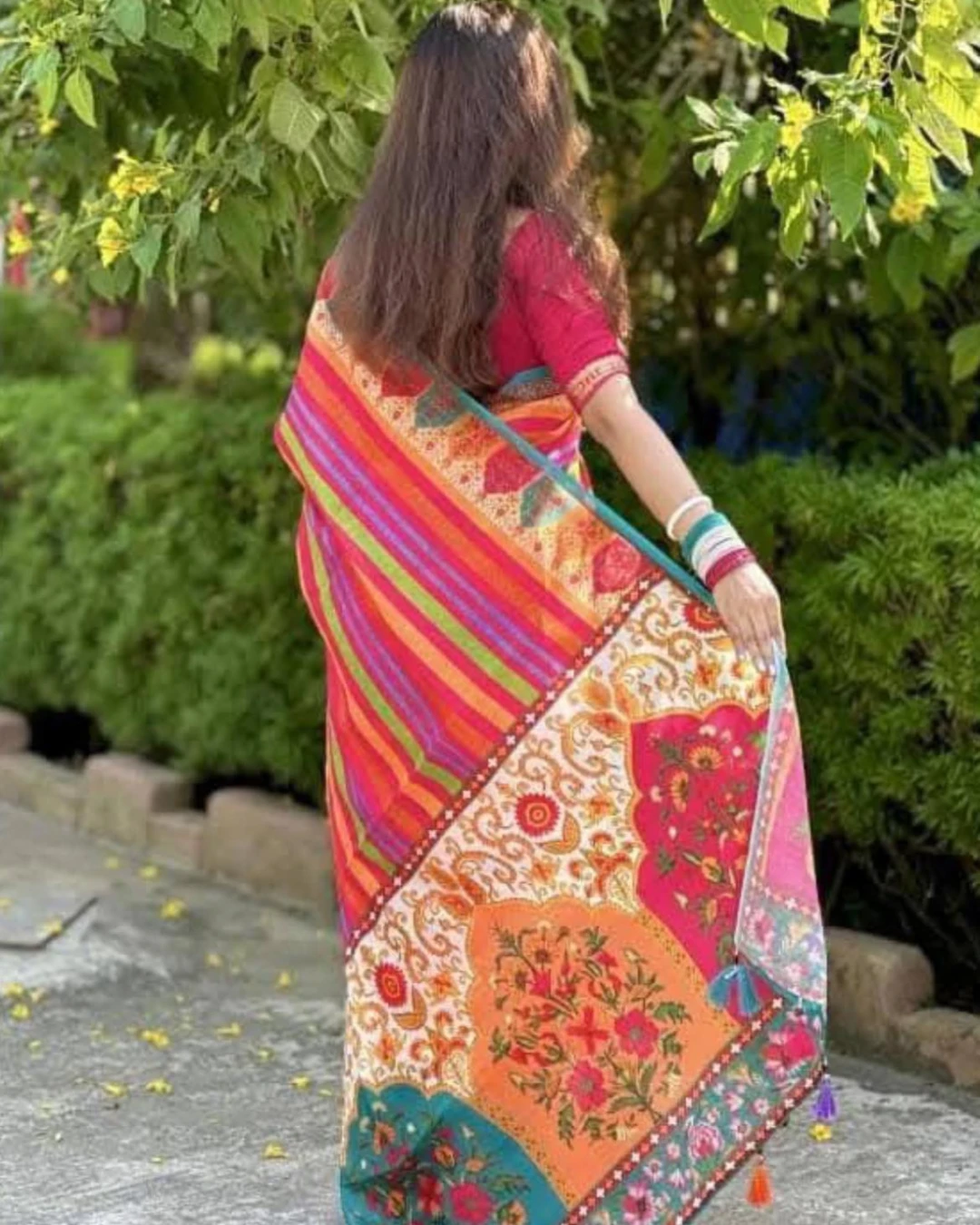 Multicolor Striped Floral Tanduri Silk Saree