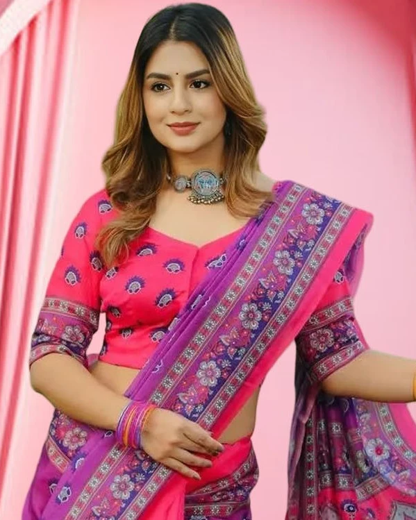 Vibrant Magenta & Purple Tanduri Silk Skin-Print Saree