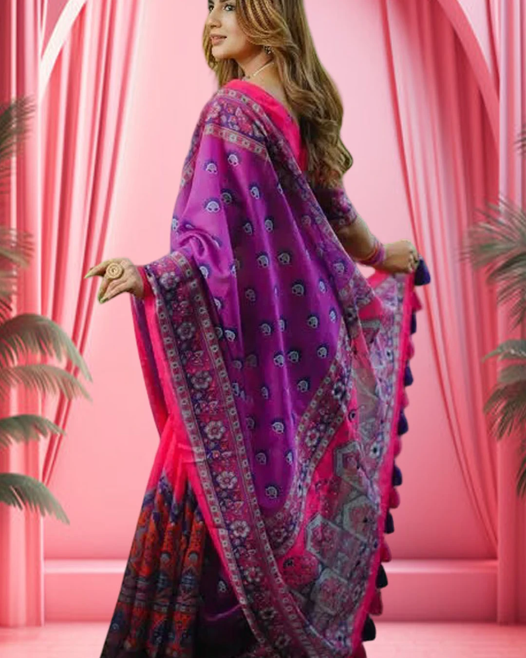 Vibrant Magenta & Purple Tanduri Silk Skin-Print Saree
