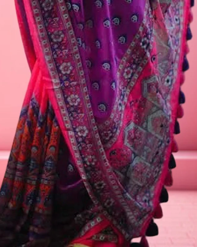 Vibrant Magenta & Purple Tanduri Silk Skin-Print Saree