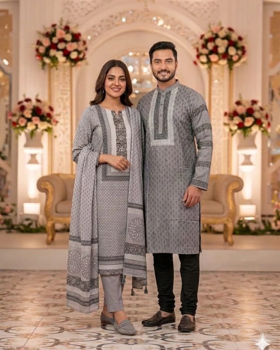 Slate Grey Geometric Block-Print Couple Set
