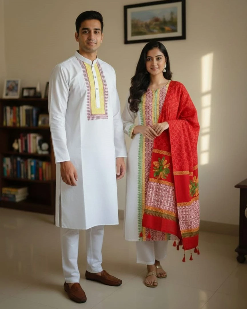 Pure White & Vermilion Accent Couple Set