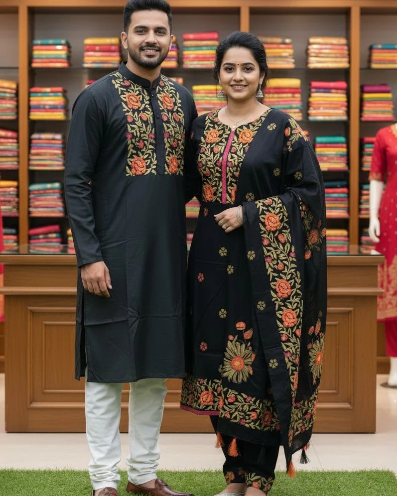 Charcoal Black Marigold Floral Embroidery Set