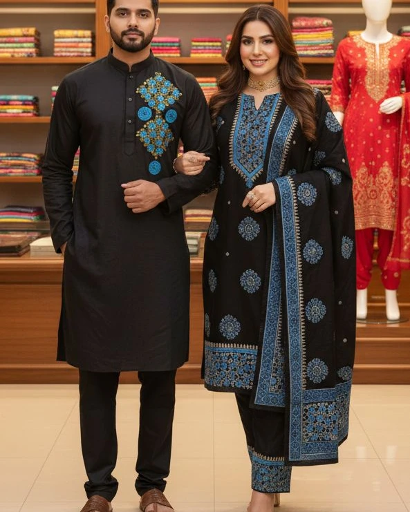 Midnight Black Cyan Geometric Embroidery Set