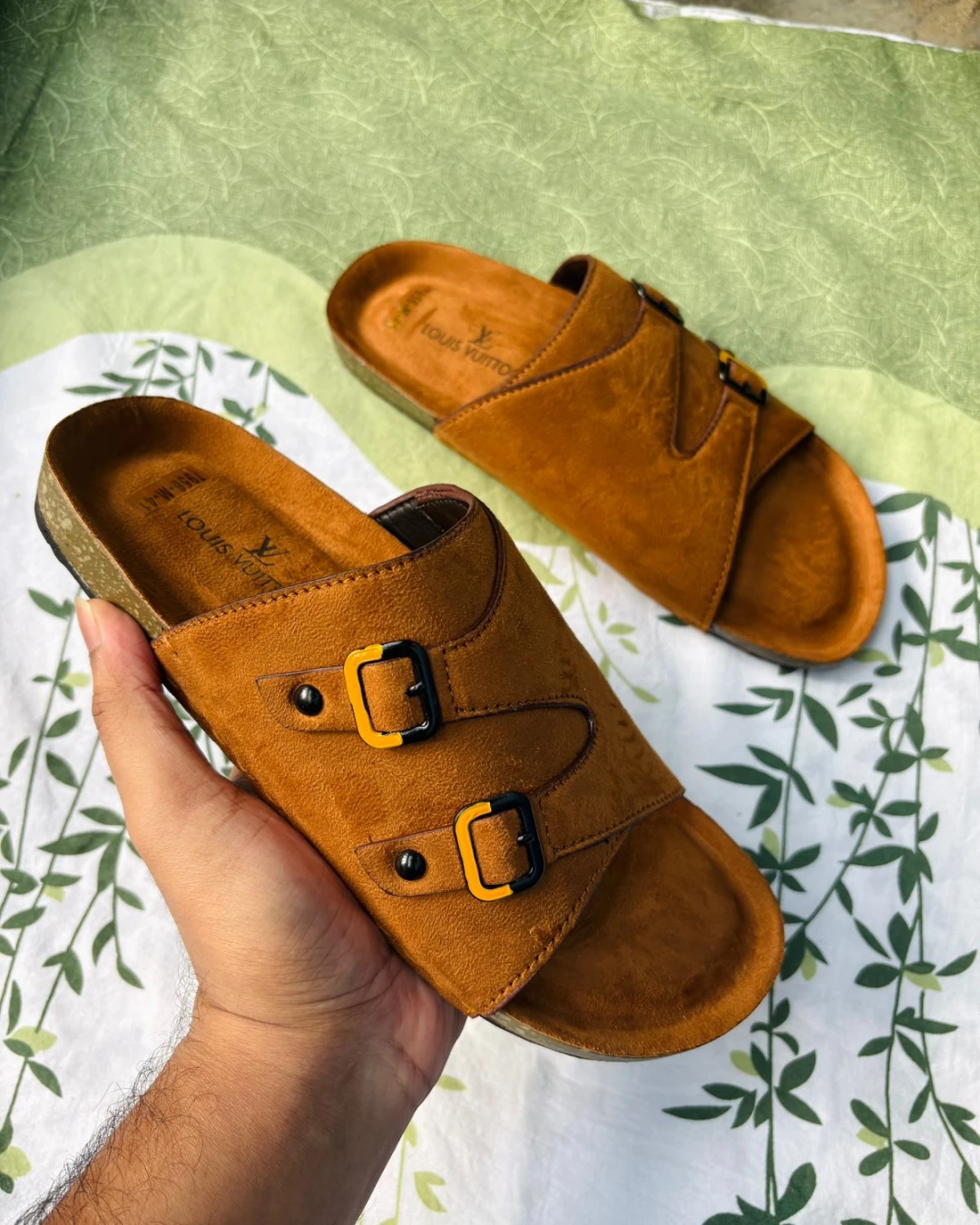 Dual-Strap Brown Men's Slides