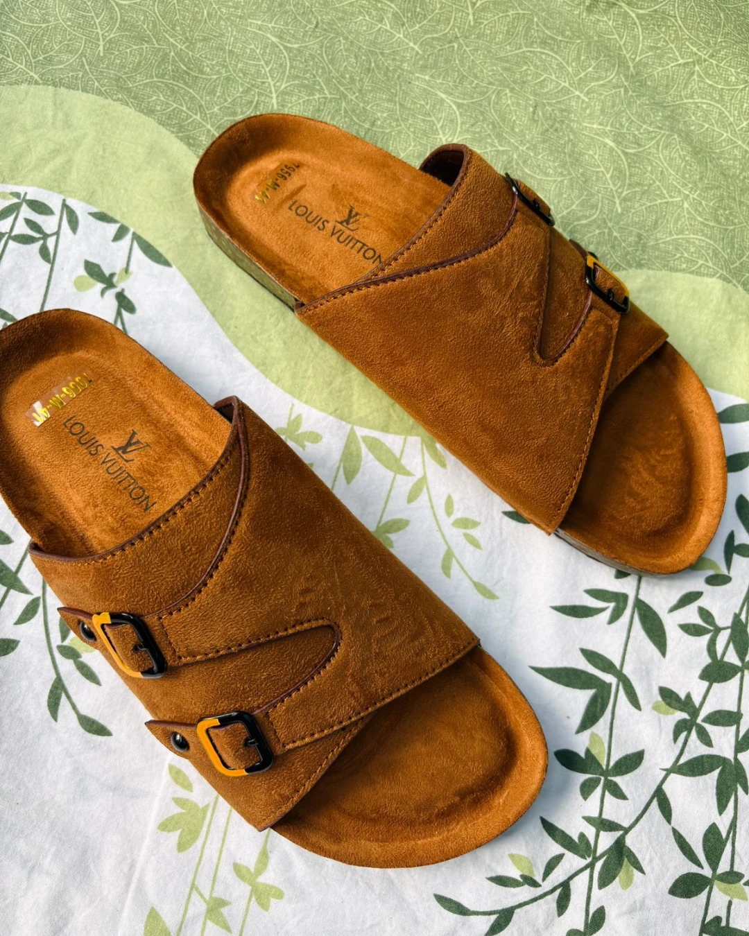 Dual-Strap Brown Men's Slides
