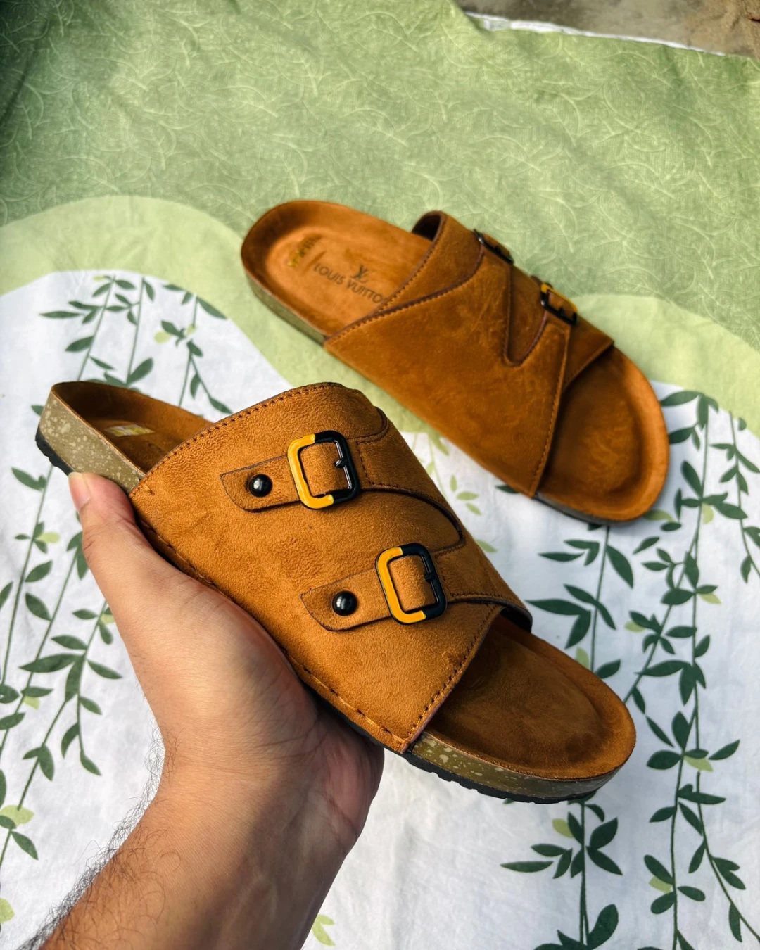 Dual-Strap Brown Men's Slides