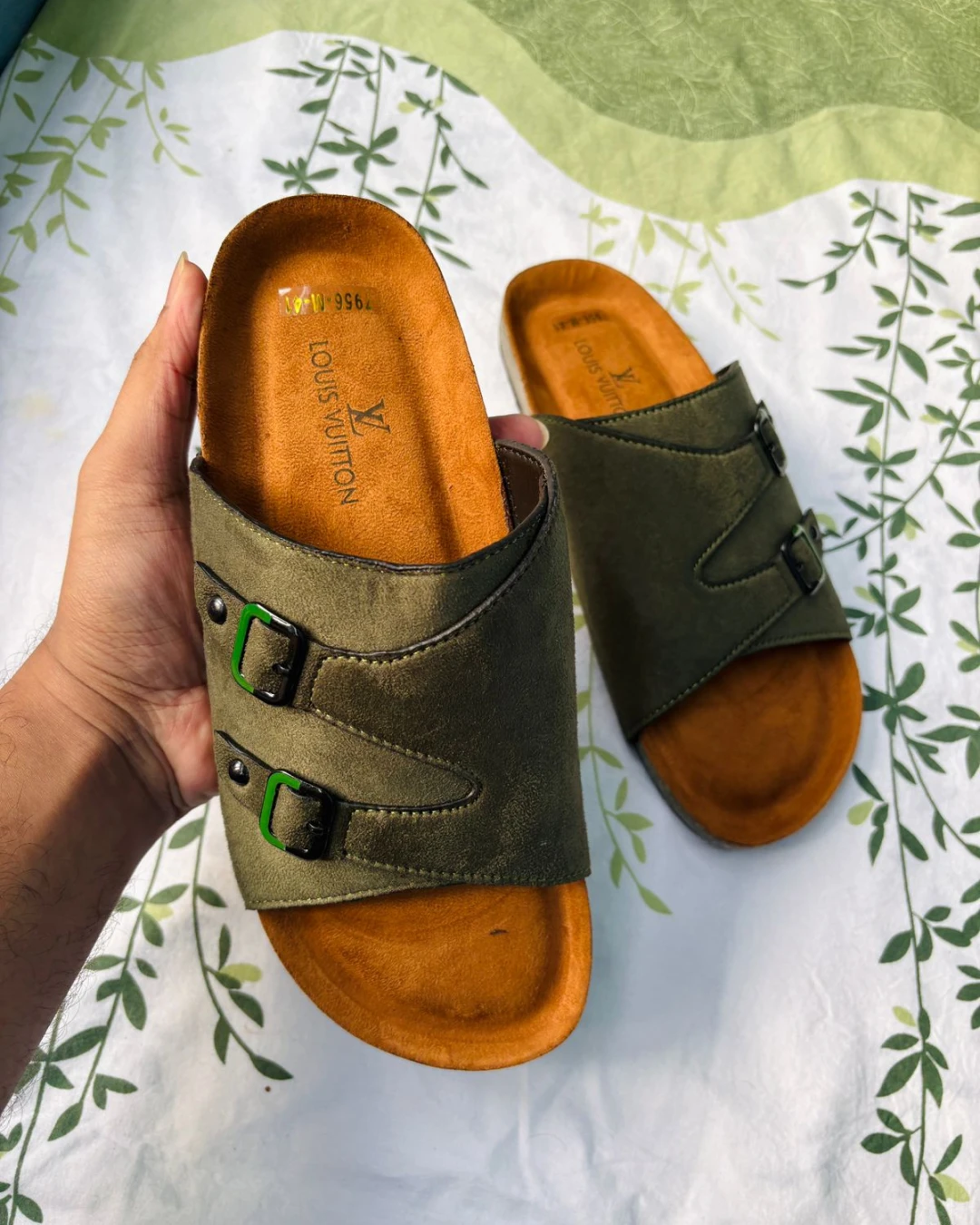 Dual-Strap Olive Men's Slides