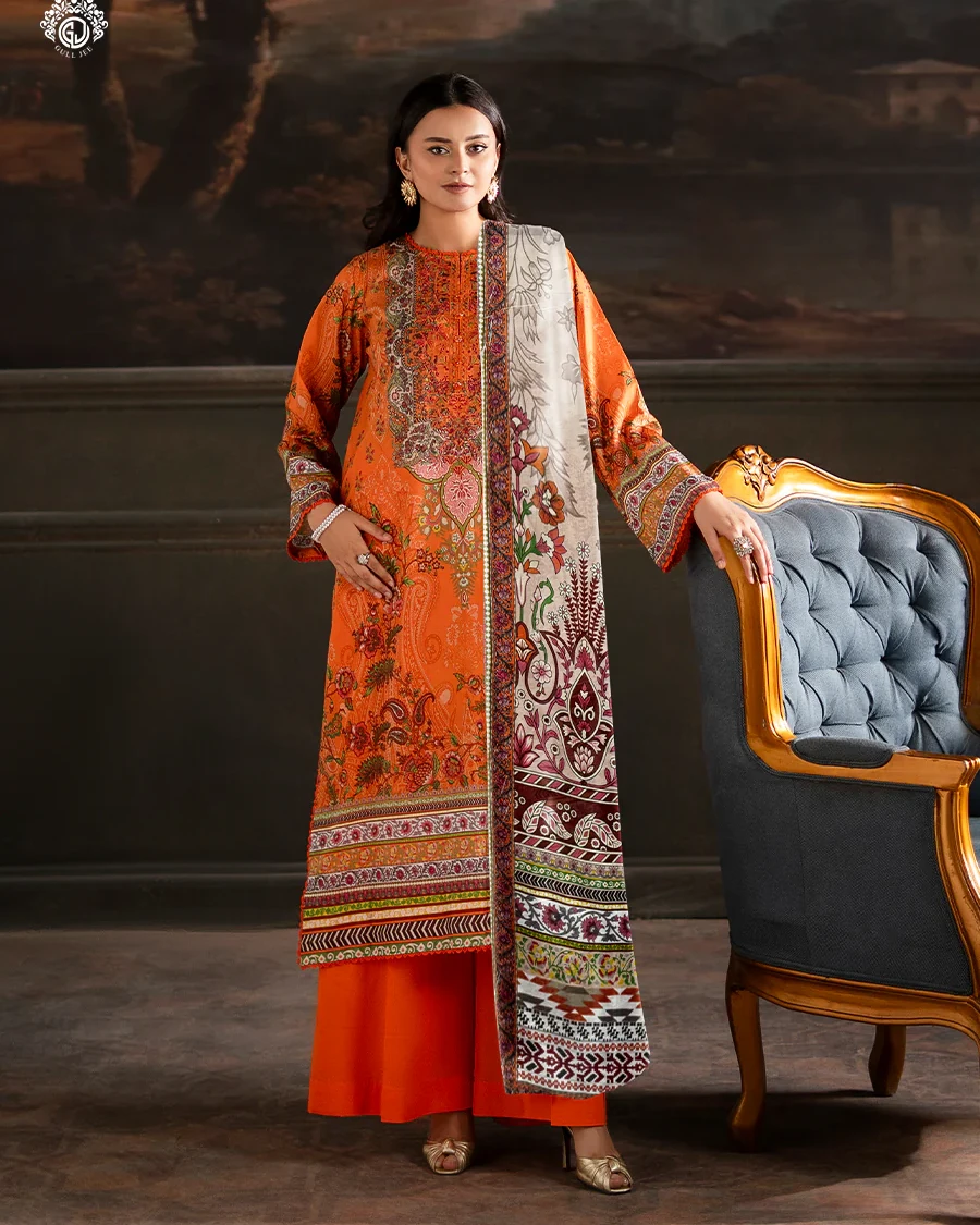 Pakistani Sorrel by Gull Jee Embroidered Unstitched 3 Piece Lawn– Burnt Orange Zest