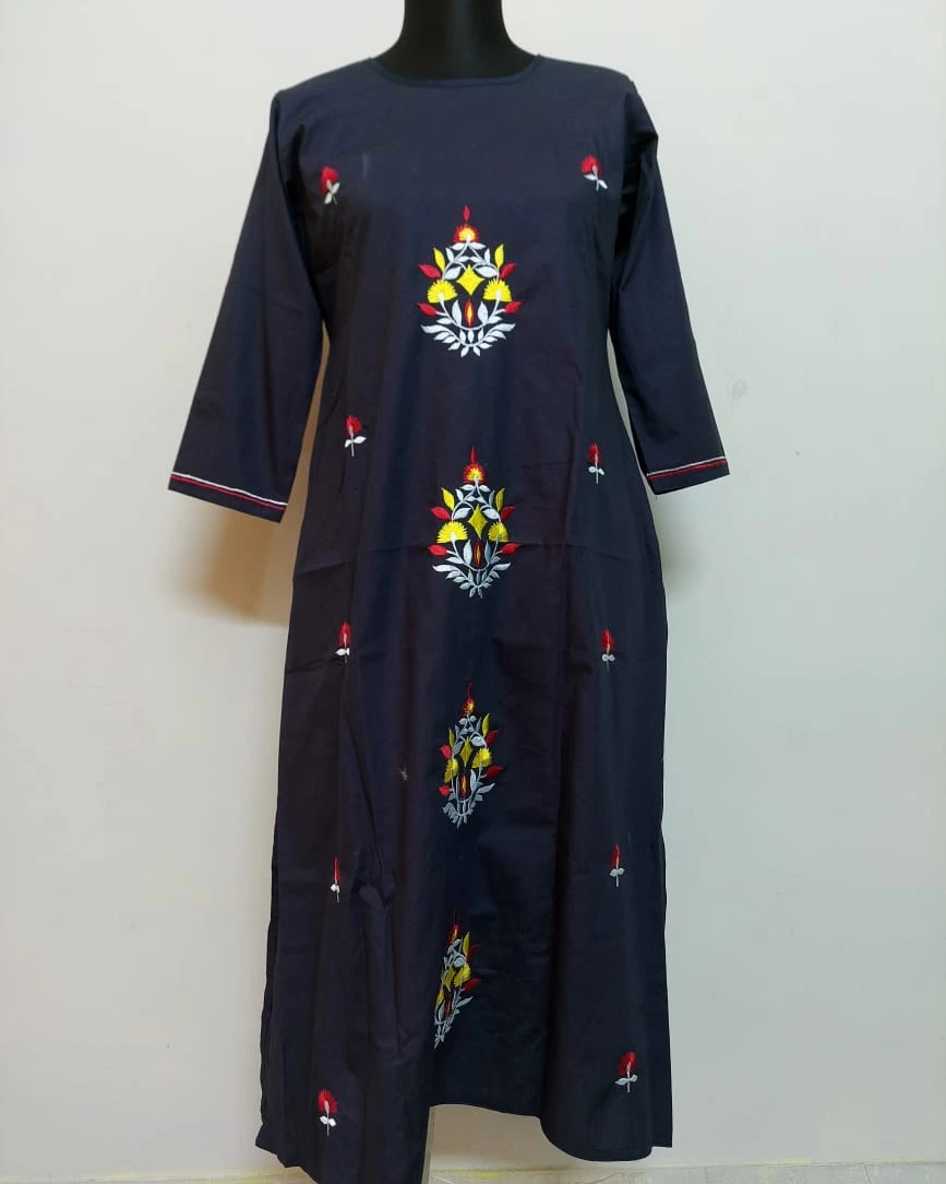Midnight Blossom Embroidered Cotton Kurti