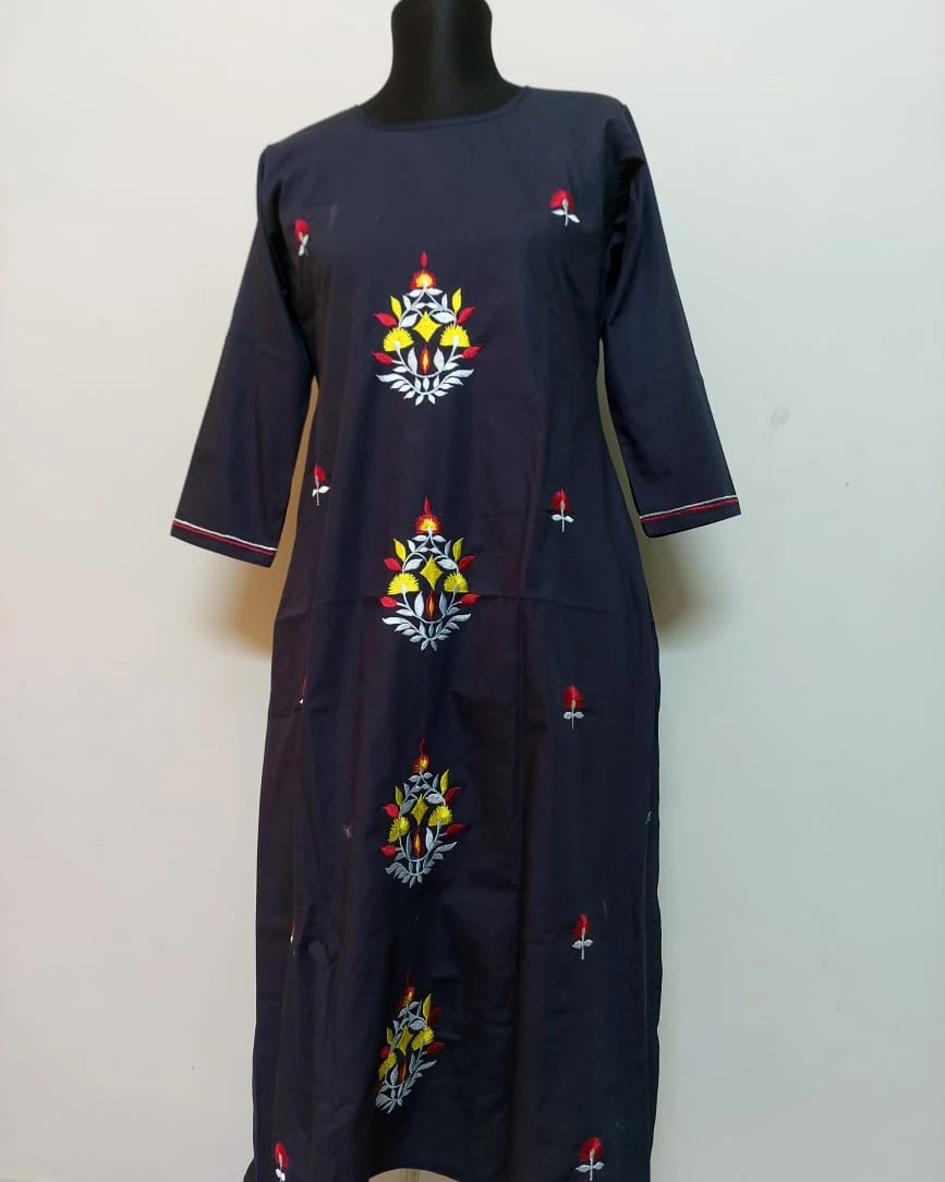 Midnight Blossom Embroidered Cotton Kurti