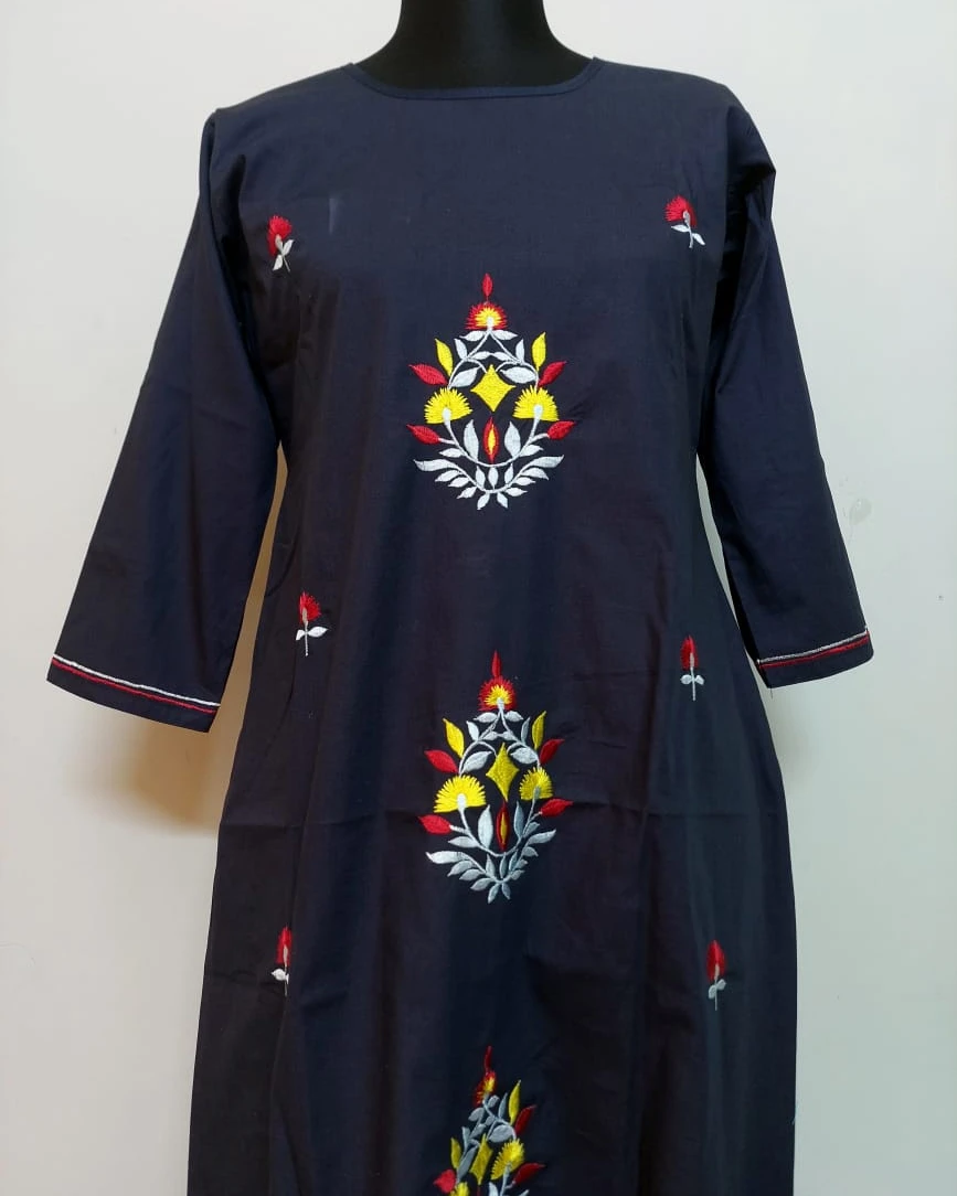 Midnight Blossom Embroidered Cotton Kurti