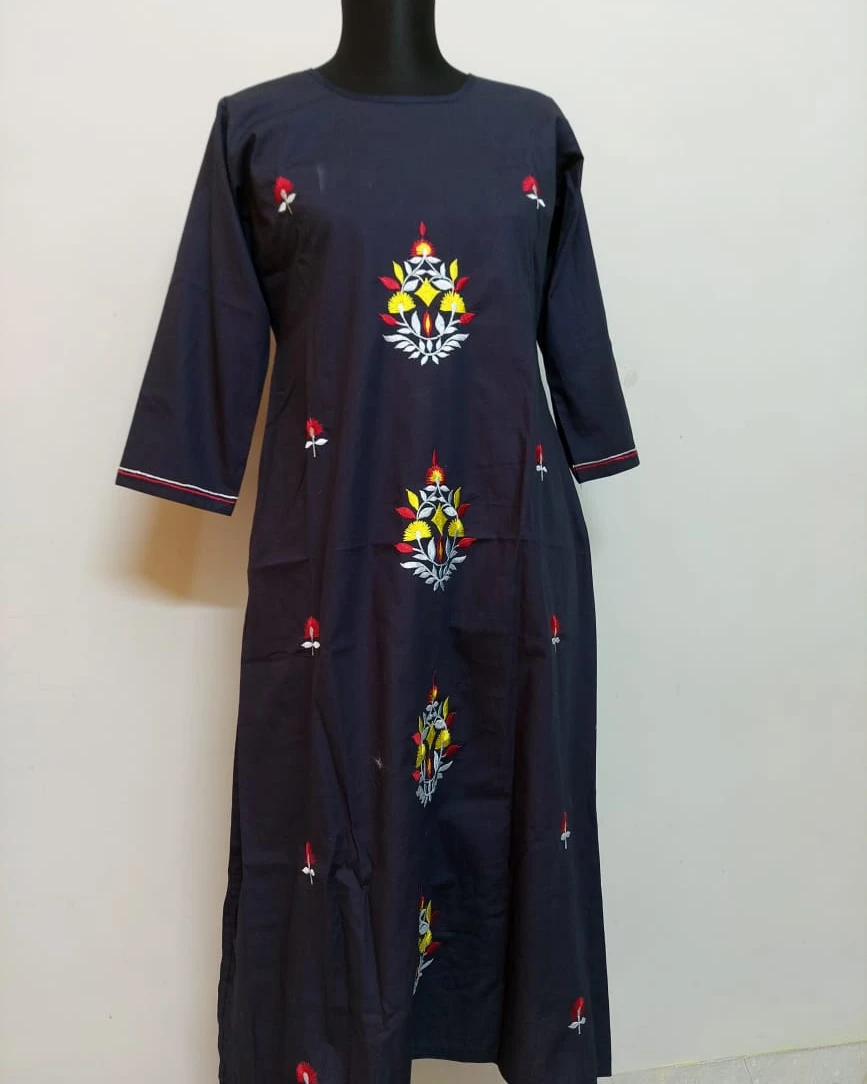Midnight Blossom Embroidered Cotton Kurti