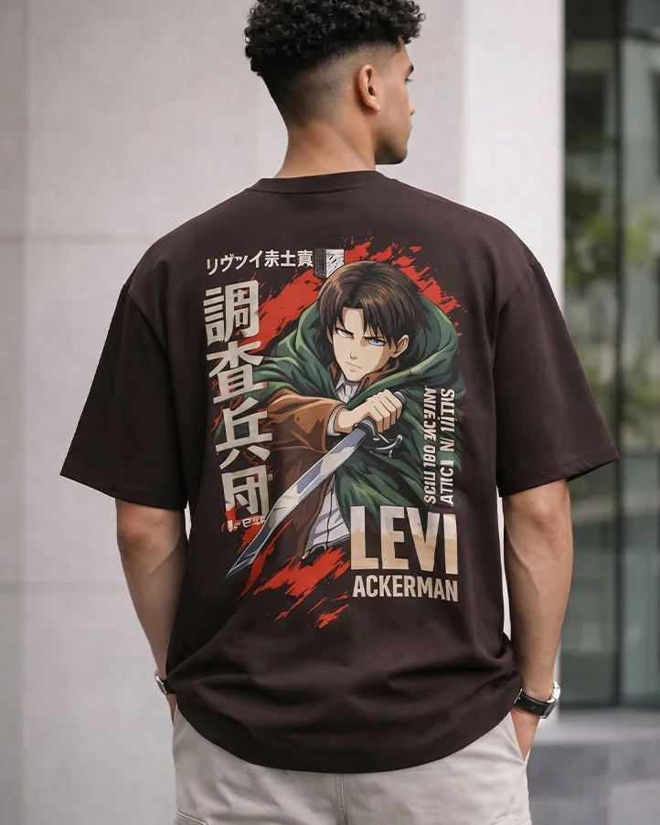 Levi Ackerman Attack Anime Drop Shoulder T-Shirt-Black Coffee