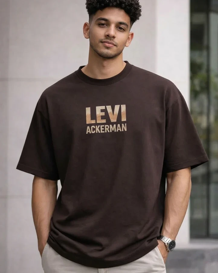 Levi Ackerman Attack Anime Drop Shoulder T-Shirt-Black Coffee