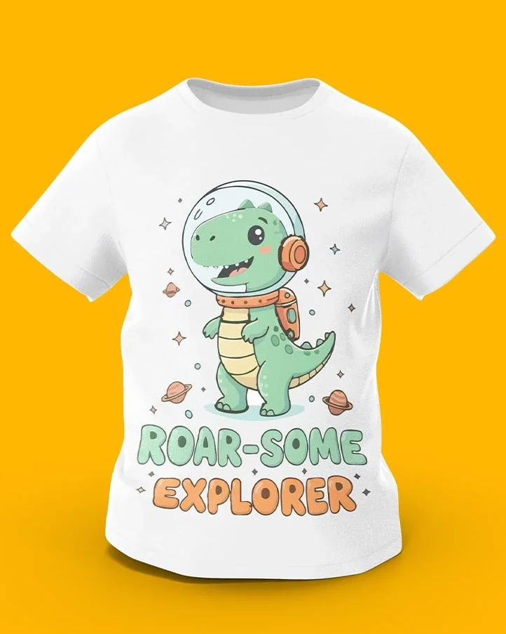GoofyGiraffe “Roar-Some Explorer” Dino Astronaut Kids TEE