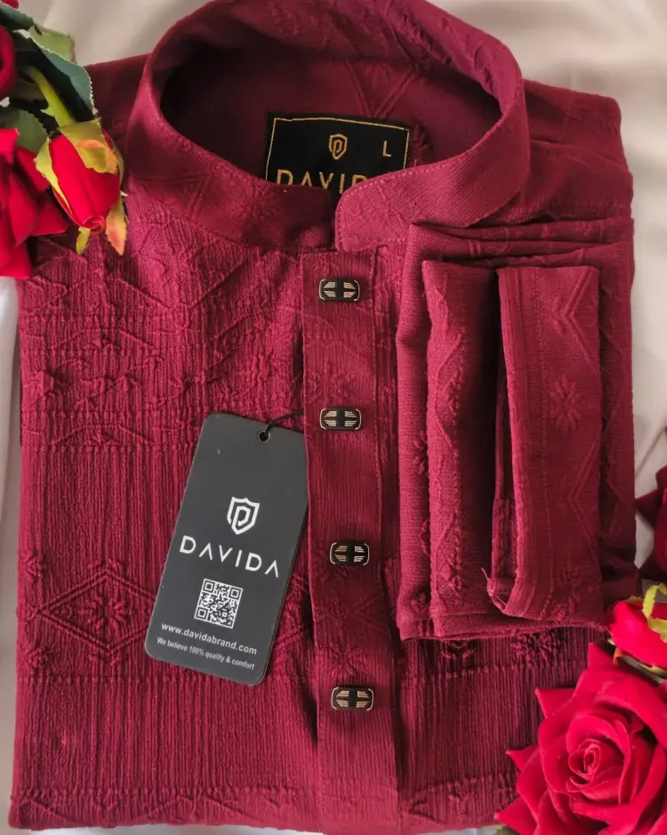 Chinese Embossed Cotton Panjabi (Maroon)