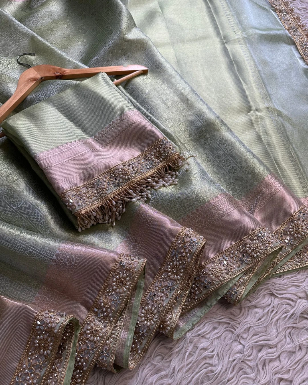 Pista Sage Heritage Tissue Banarasi Saree