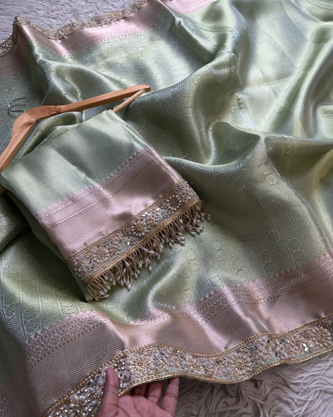Pista Sage Heritage Tissue Banarasi Saree