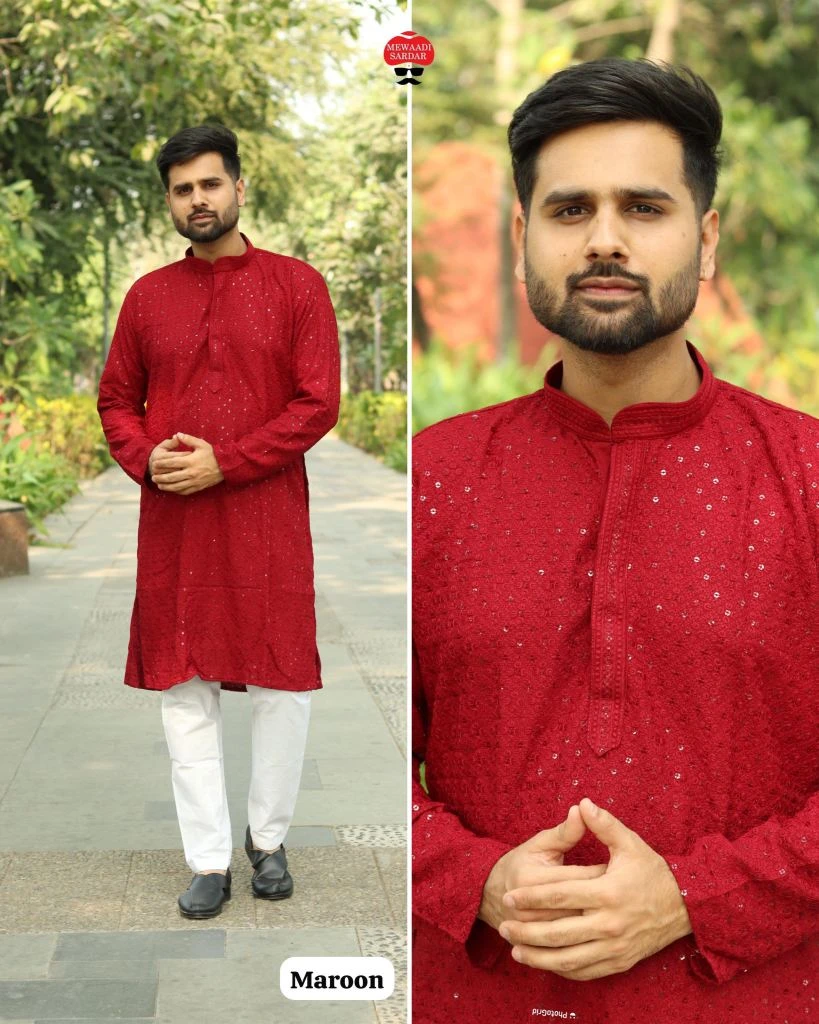 Heritage Wine Chikan Work Panjabi Kurta