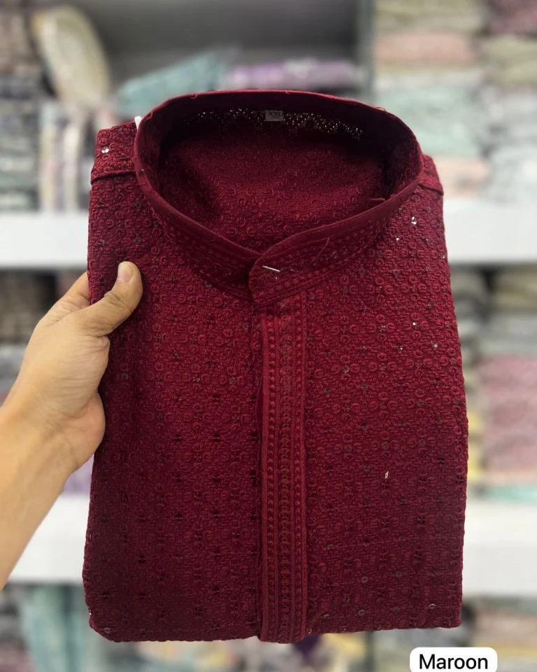 Heritage Wine Chikan Work Panjabi Kurta
