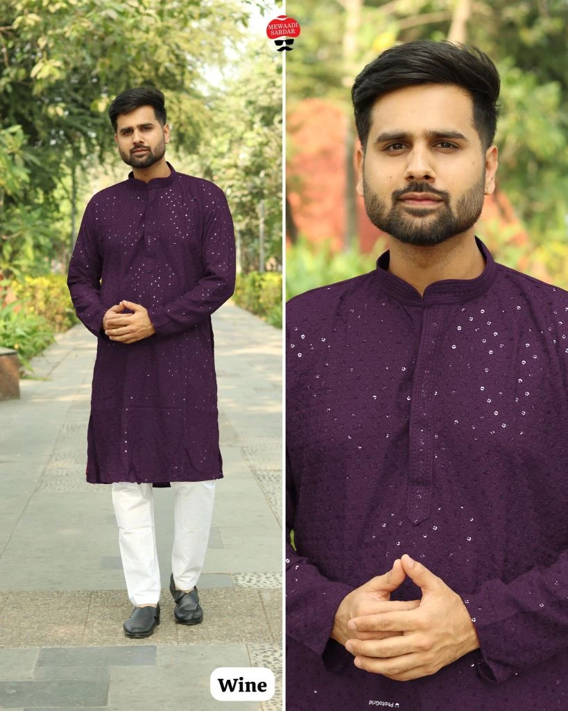 Heritage Wine Chikan Work Panjabi Kurta