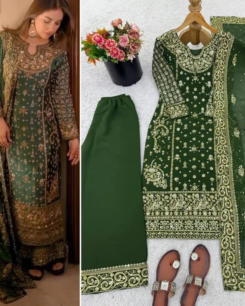 Emerald Elegance Embroidered Suit Set