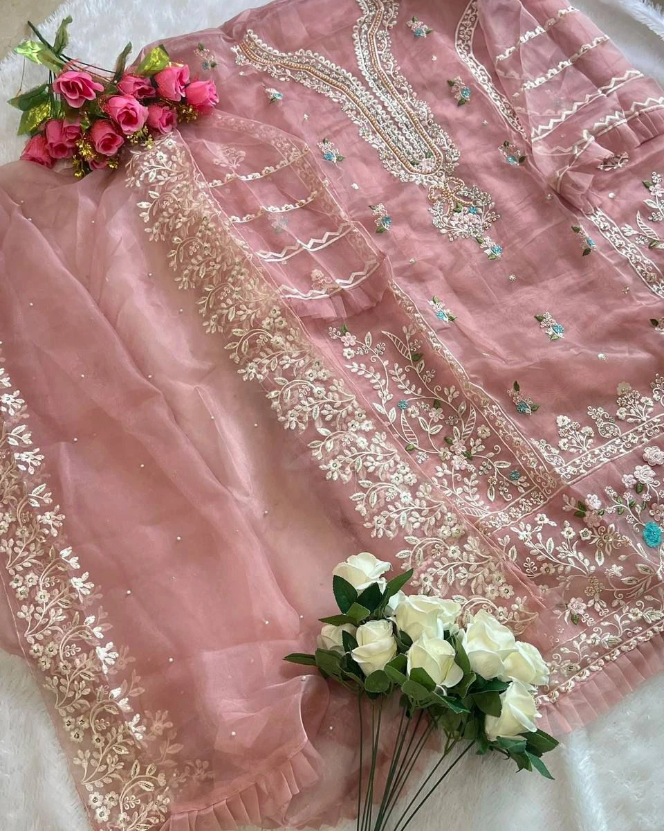 Dusty Rose Pearl Organza Unstitched Suite