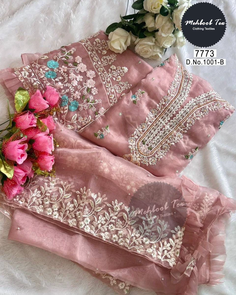 Dusty Rose Pearl Organza Unstitched Suite