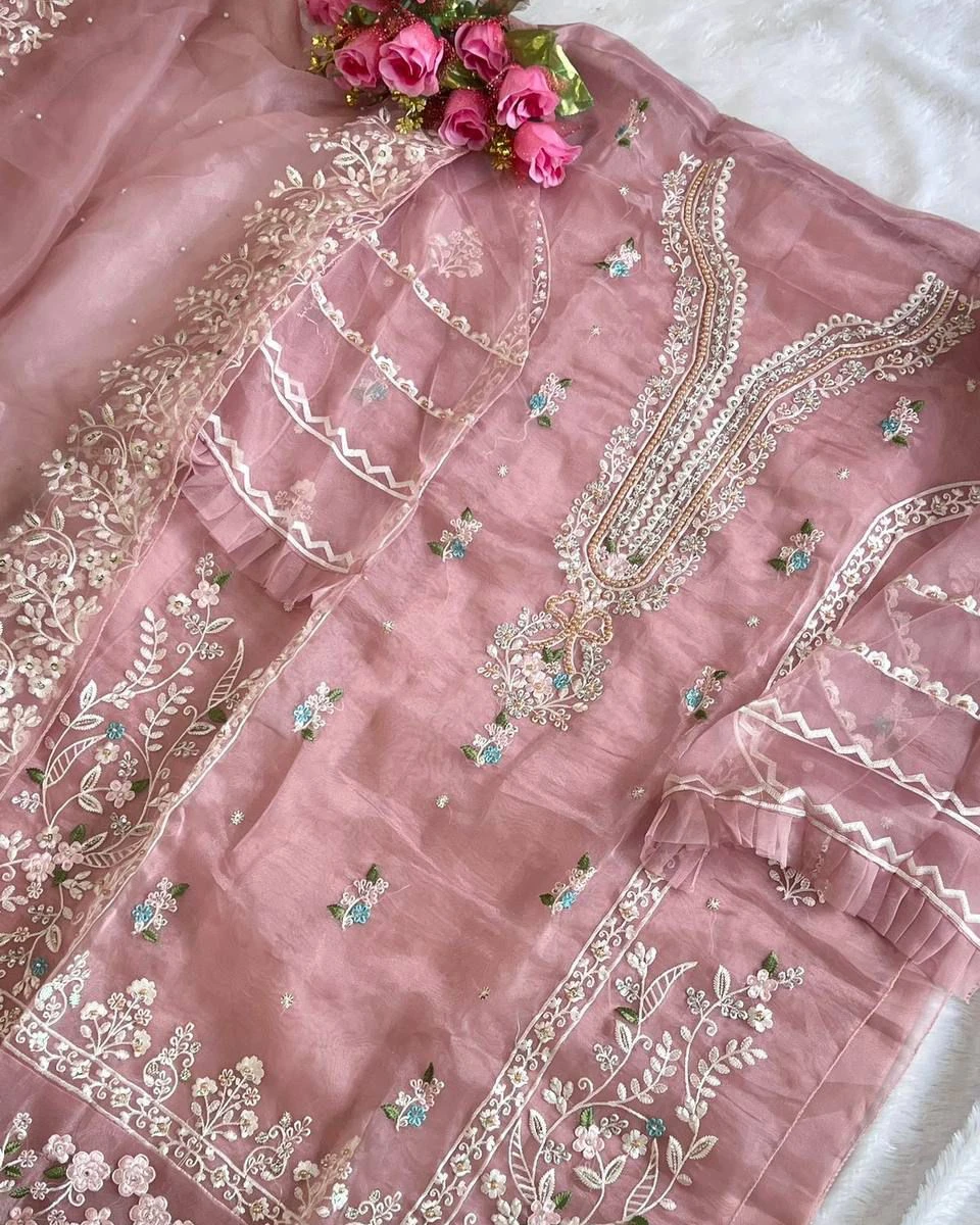 Dusty Rose Pearl Organza Unstitched Suite