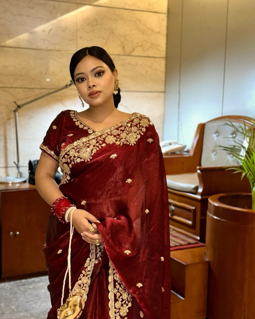 Regal Crimson Embroidered Silk Saree