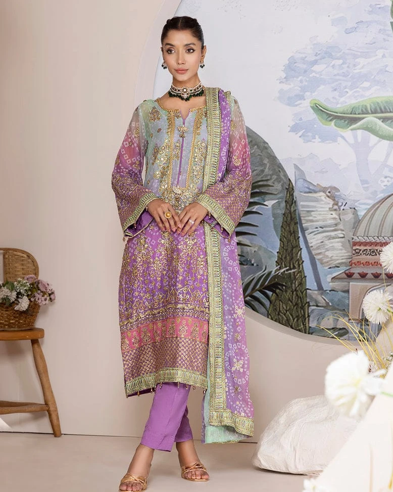 Lilac & Mint Hand-Embellished Chiffon Suite-Unstitched
