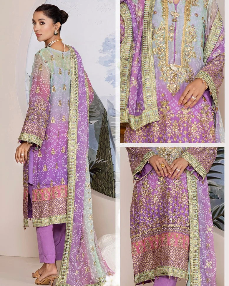 Lilac & Mint Hand-Embellished Chiffon Suite-Unstitched