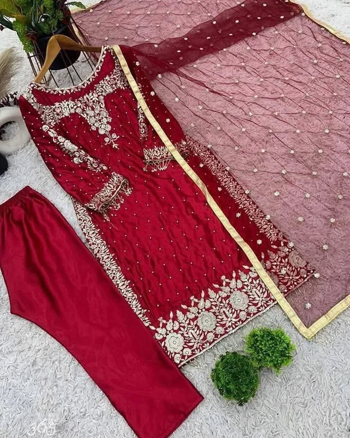Crimson Satin Silk Embroidered Pant Set