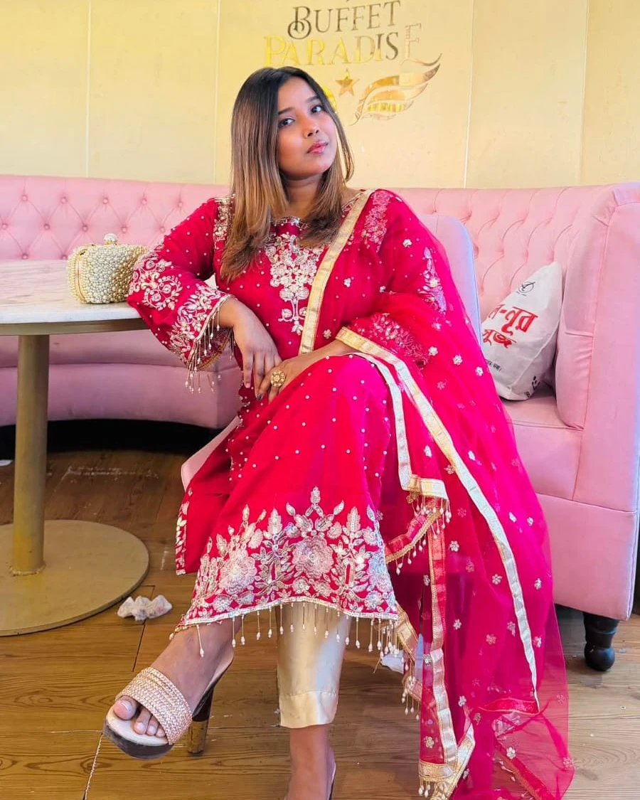 Crimson Satin Silk Embroidered Pant Set