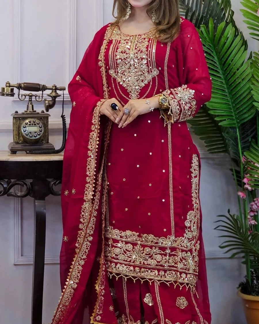 Maroon Gold Dori-Sequence Plazzo Suite