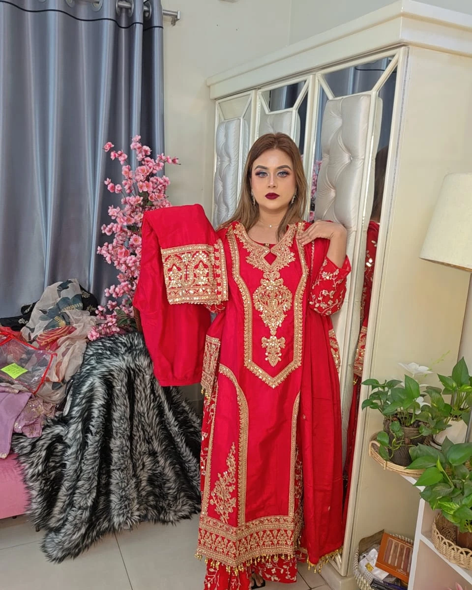 Imperial Chinon Silk Embroidery Salwar Kameez Set-Red