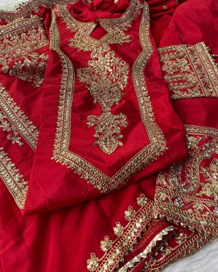 Imperial Chinon Silk Embroidery Salwar Kameez Set-Red