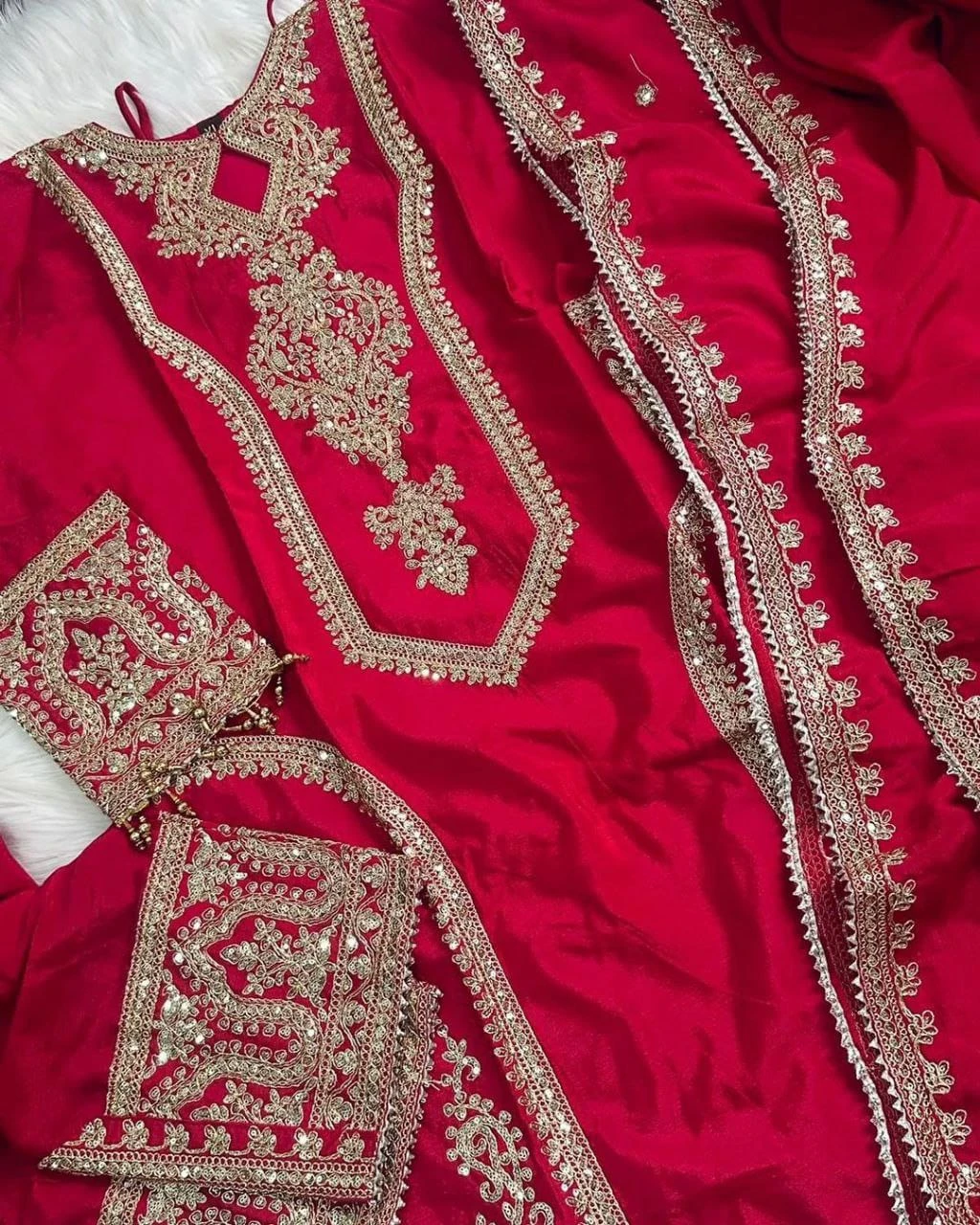 Imperial Chinon Silk Embroidery Salwar Kameez Set-Red