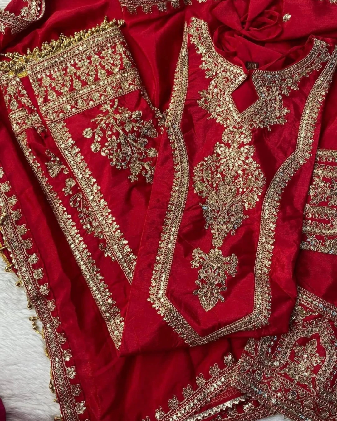 Imperial Chinon Silk Embroidery Salwar Kameez Set-Red